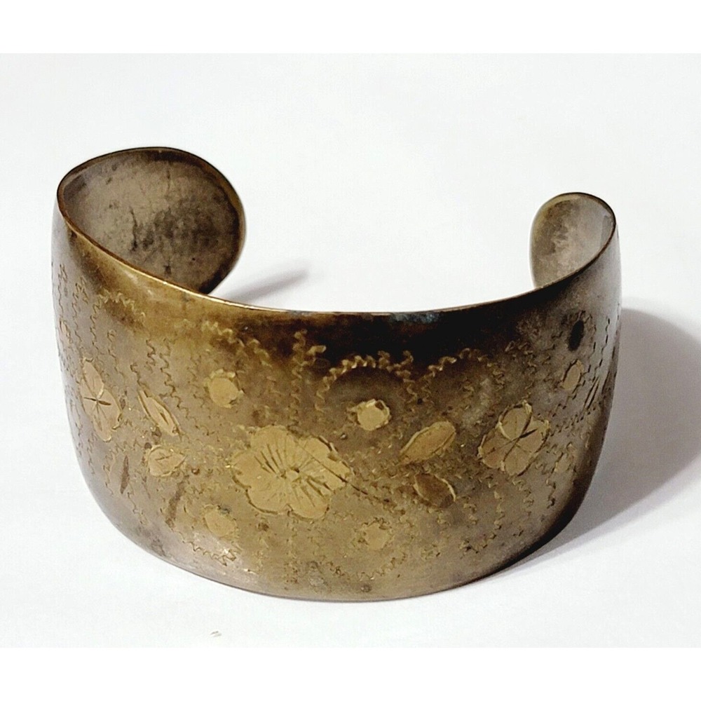 Vintage Brass Floral Cuff Bracelet Bange 1.5" Wide, Flowers Boho Tribal cfb